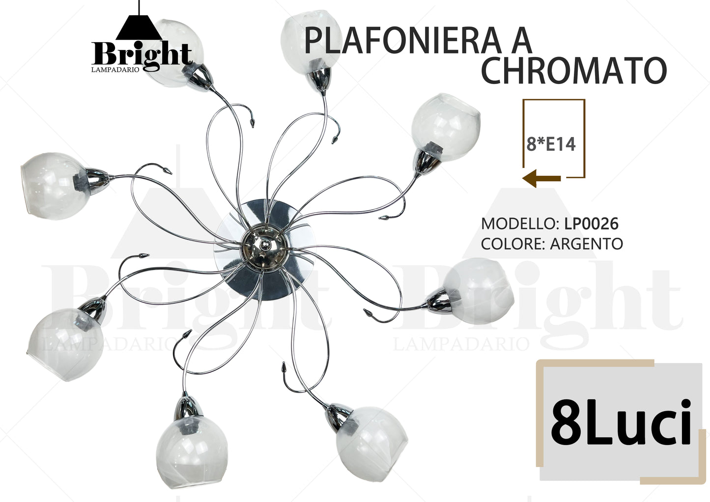 OFFERTA! MODELLO: LP0026 PLAFONIERA A CROMATO 8 LUCI E14 Lampada  in alluminio Argento