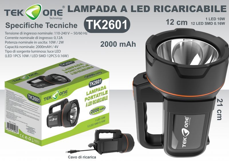 Lampada A Ricaricabile 2000mAh Luce Portabile TK2601/ TEK ONE