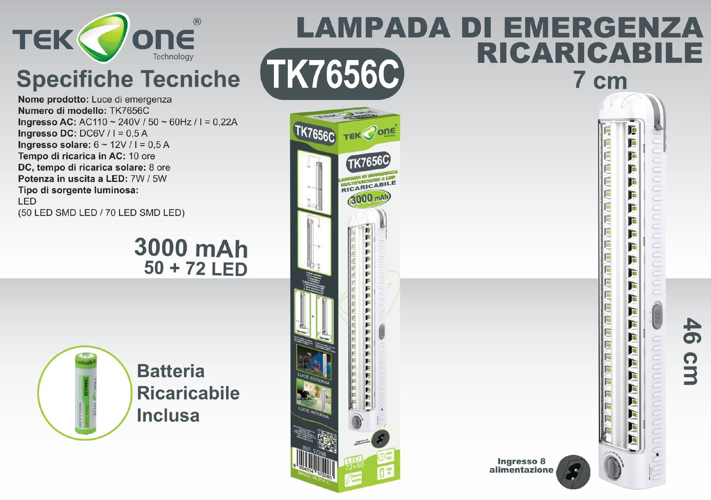 Lampada Di Emergenza Ricaricabile Luce Portabile TK7656C / TEK ONE