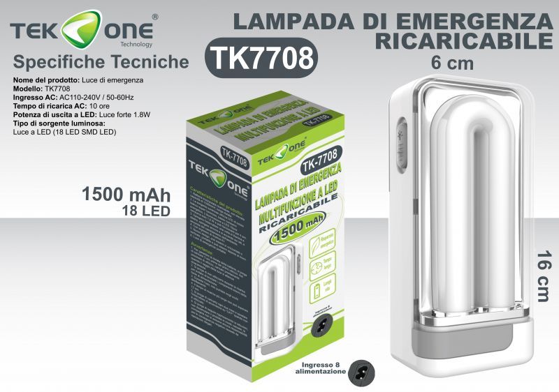 Lampada Di Emergenza Ricaricabile Luce Portabile TK7708 / TEK ONE