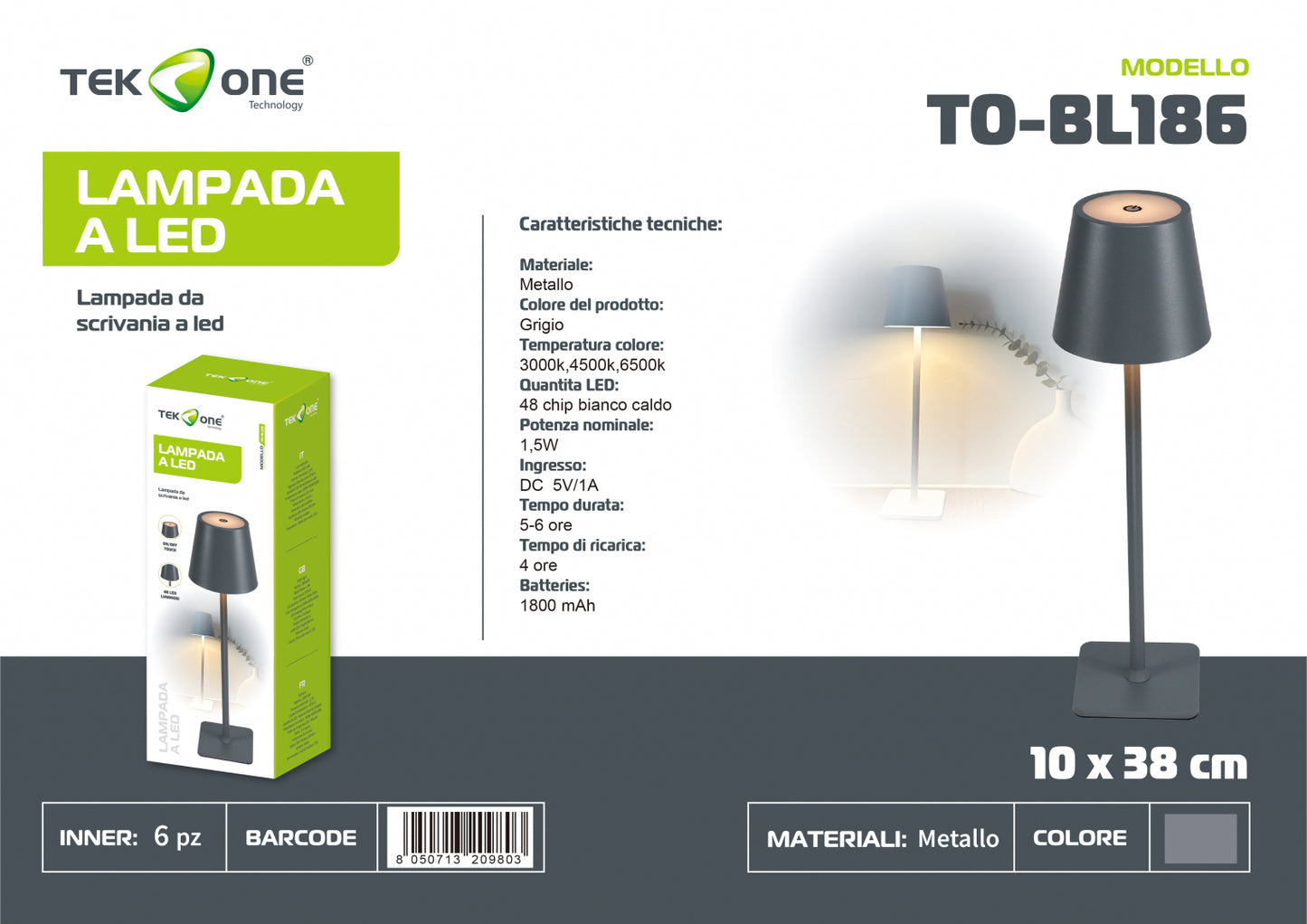 Lampada da tavolo ricaricabile a led TO-BL186/Lumetto decorativo/ TEK ONE