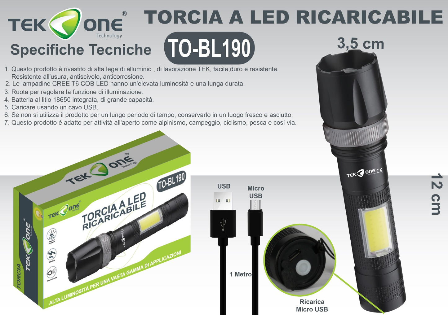 Torcia A Led Ricaricabile USB Lampada portabile TO-BL190/ TEK ONE