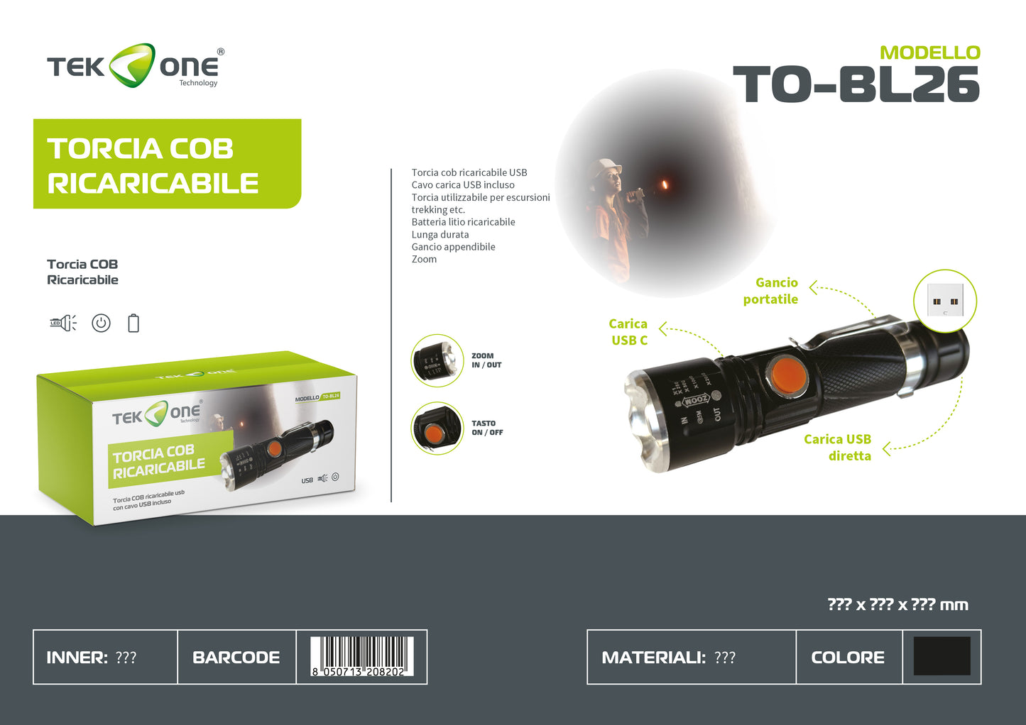 Torcia COB Ricaricabile Lampada portabile TO-BL26/ TEK ONE