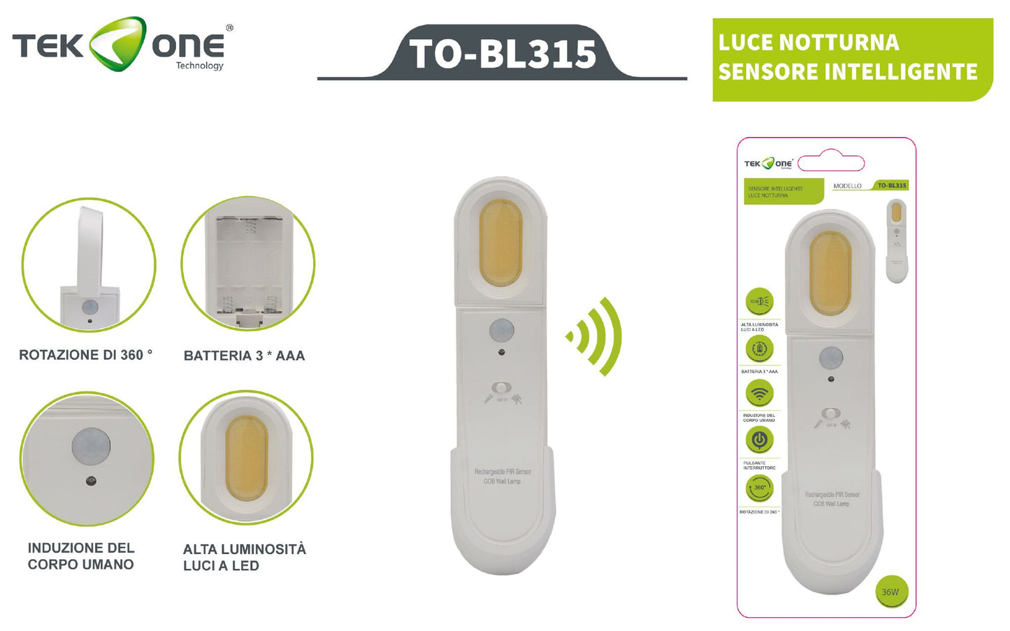 Luce Notturna Sensore Intelligente Luce Da Armadio A Led  Con Batterie TO-BL315 TEK ONE