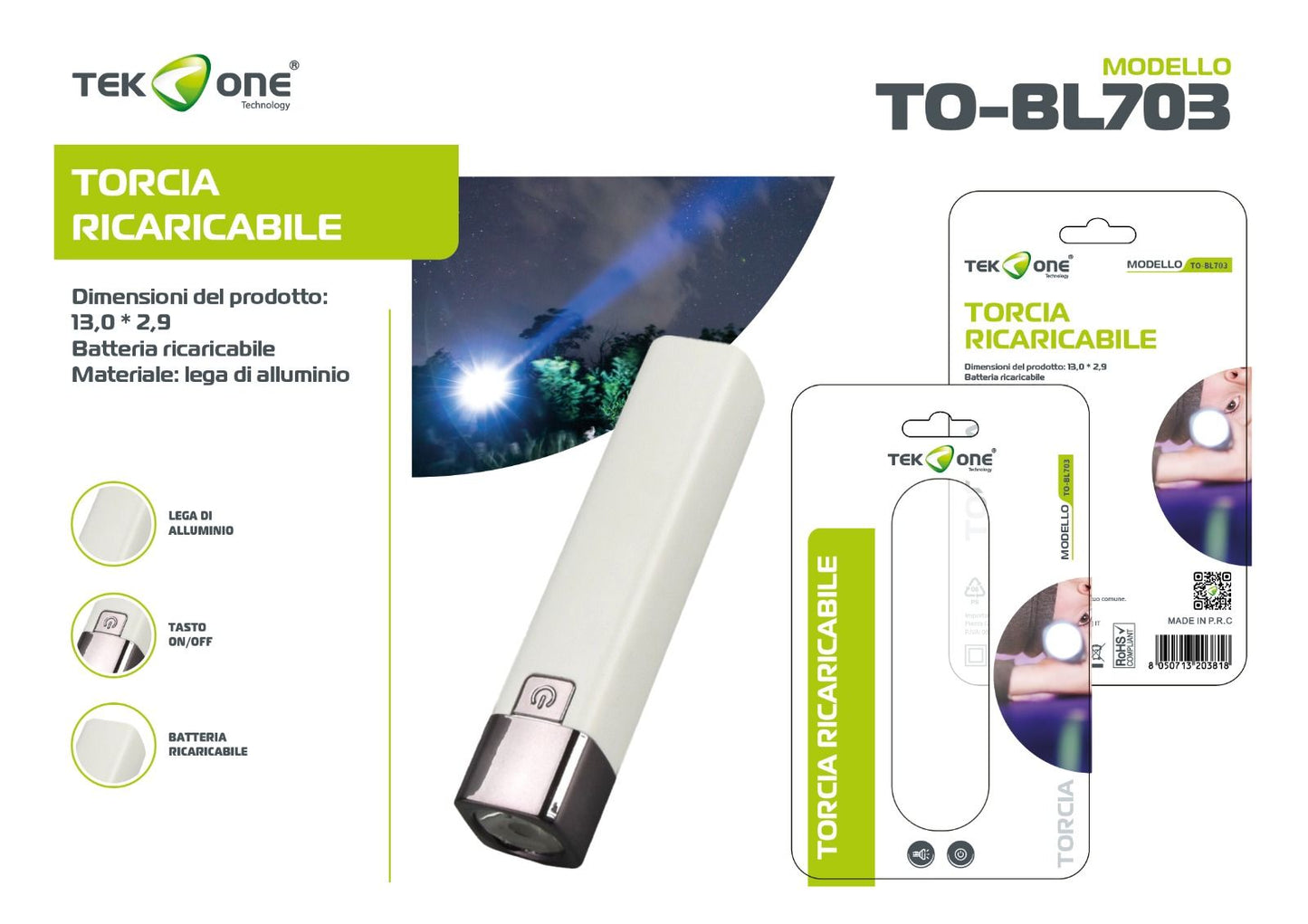 Torcia A Led Ricaricabile Lampada portabile TO-BL703/ TEK ONE