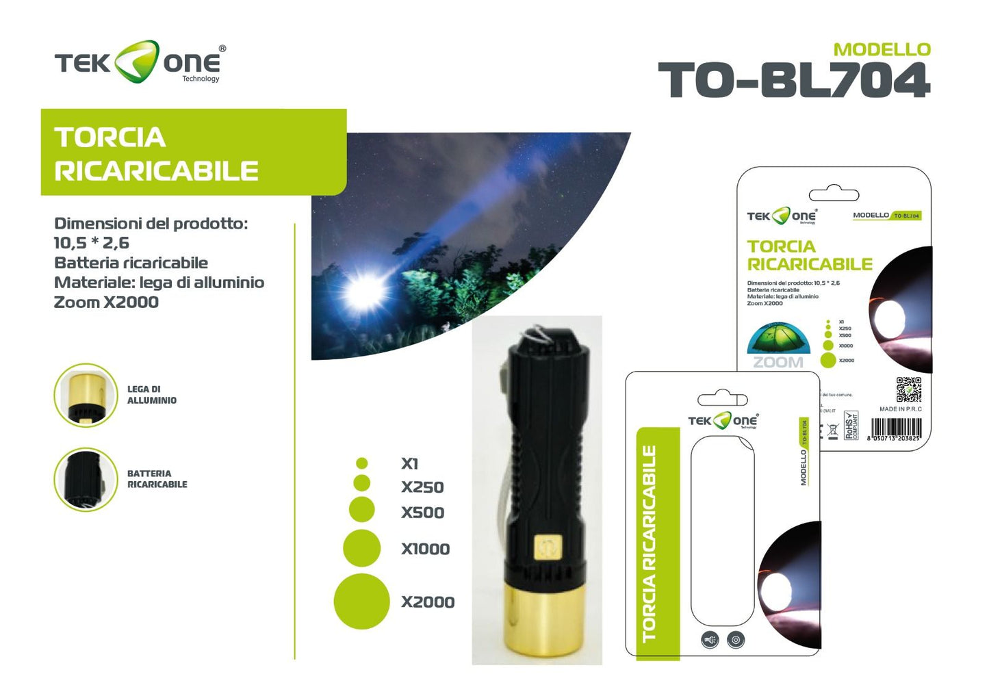 Torcia A Led Ricaricabile Lampada portabile TO-BL704/ TEK ONE