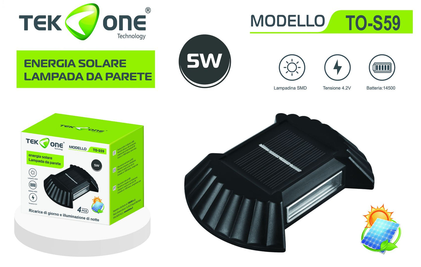 Set Di 4 Lampada Da Parete Energia Solare 5W TO-S59/ TEK ONE