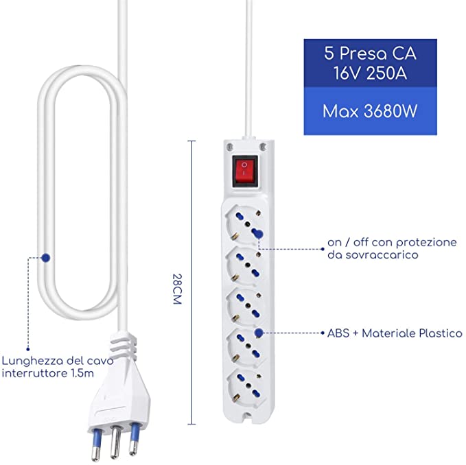 Multipresa Ciabatta Elettrica a 5 Posti, 250v/2500W Cavo 1,5m. Bianco