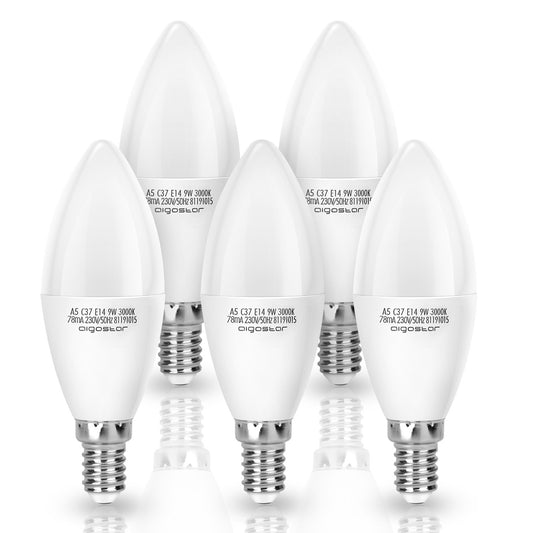 Lampadina LED A5 C37, 9W (equivalente a 62 W), luce calda 3000 K, 675 lumen, CRI> 80,  5 pezzi [Classe energetica A+]